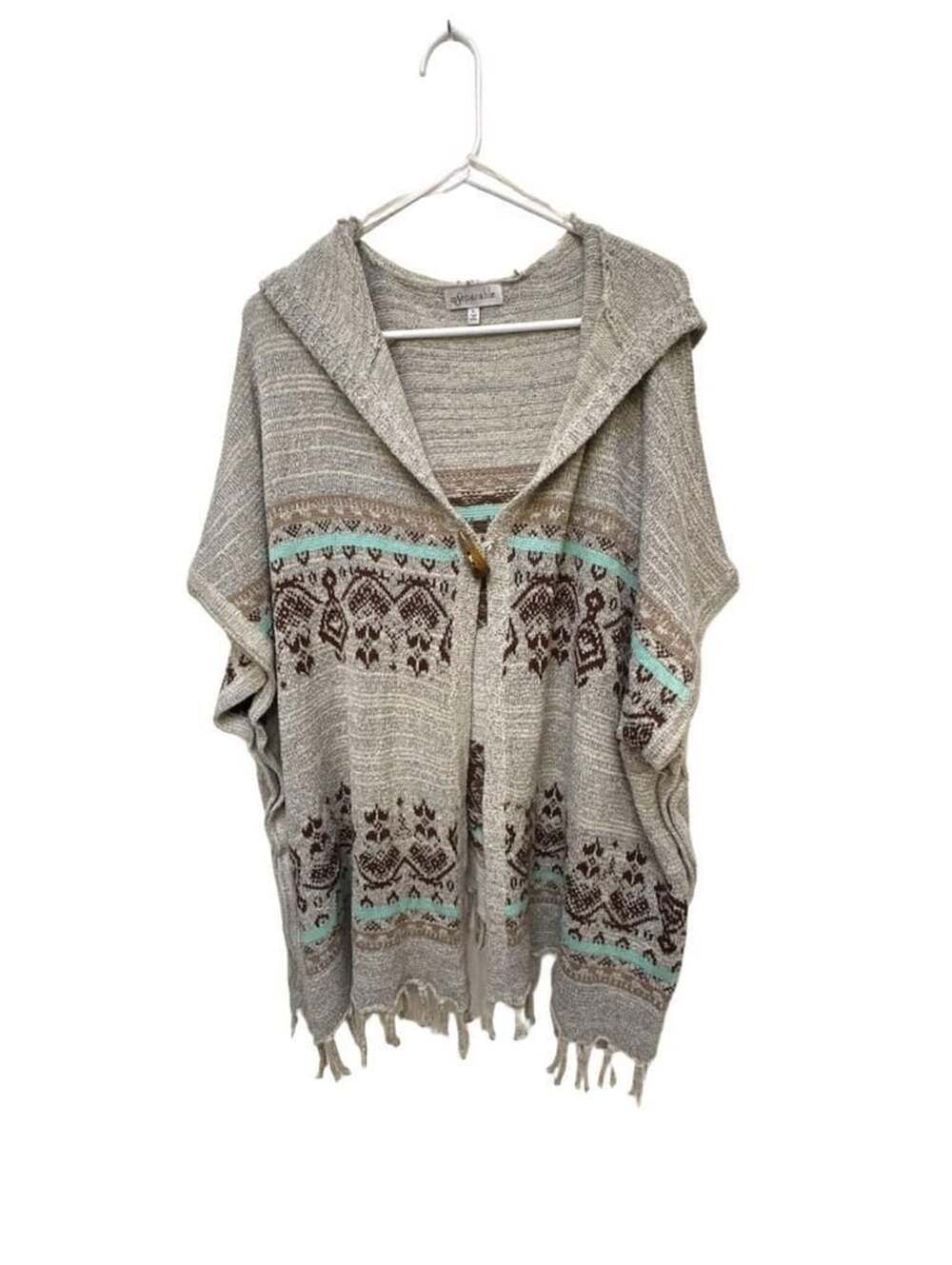 Inseparable Hooded Poncho Size L Gray Aztec Fringe